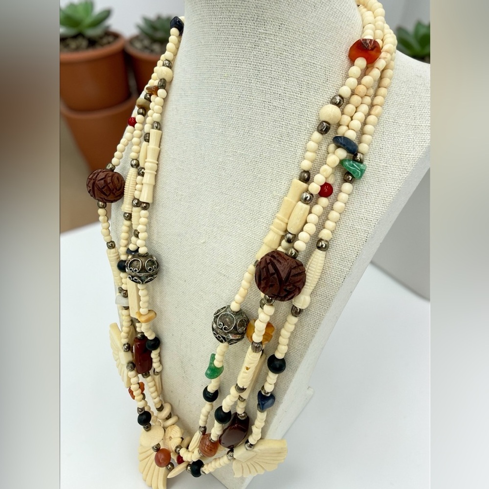 VTG 4 Strand Carved Bone Bead Necklace Jasper Carnelian Sodalite Agate Boho 24” - Picture 7 of 17